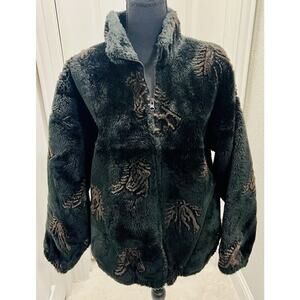 Vintage Bear Ridge Black Full Zip Faux Fur Horse Print Coat Retro Western MED